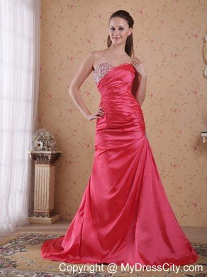 Coral Red Ruching Sweetheart Beaded Prom Gowns for Women