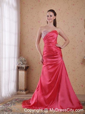 Coral Red Ruching Sweetheart Beaded Prom Gowns for Women