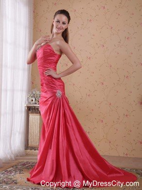 Coral Red Ruching Sweetheart Beaded Prom Gowns for Women