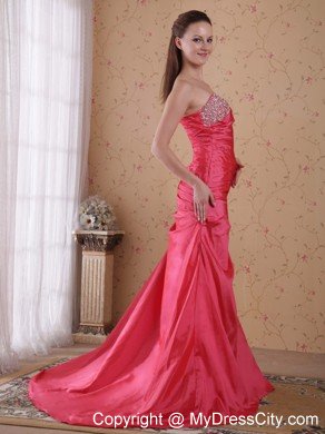 Coral Red Ruching Sweetheart Beaded Prom Gowns for Women