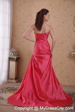 Coral Red Ruching Sweetheart Beaded Prom Gowns for Women