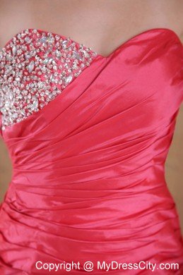 Coral Red Ruching Sweetheart Beaded Prom Gowns for Women
