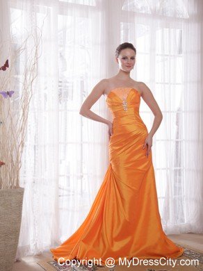 Beaded Strapless Ruching Brush Train Orange Prom Dresses