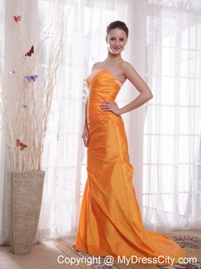 Beaded Strapless Ruching Brush Train Orange Prom Dresses