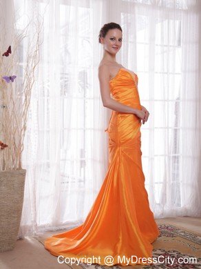 Beaded Strapless Ruching Brush Train Orange Prom Dresses