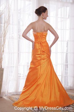 Beaded Strapless Ruching Brush Train Orange Prom Dresses