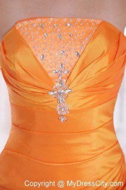 Beaded Strapless Ruching Brush Train Orange Prom Dresses