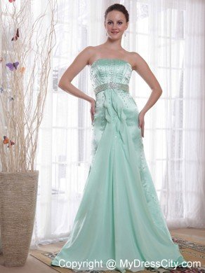 Column Strapless Beaded Brush Train Apple Green Prom Dresses