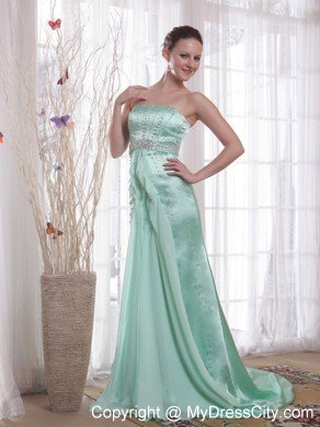 Column Strapless Beaded Brush Train Apple Green Prom Dresses