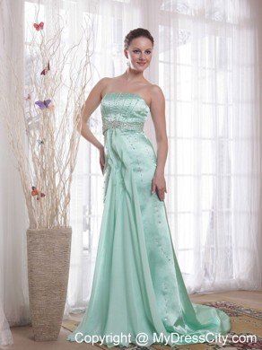 Column Strapless Beaded Brush Train Apple Green Prom Dresses