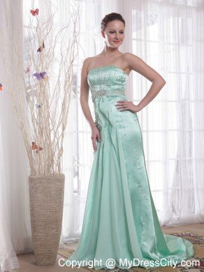 Column Strapless Beaded Brush Train Apple Green Prom Dresses