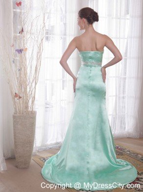 Column Strapless Beaded Brush Train Apple Green Prom Dresses