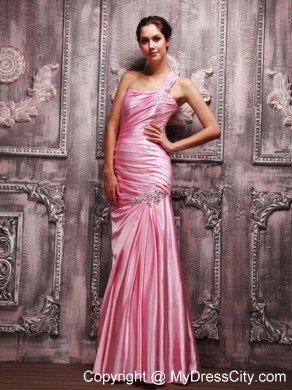 One Shoulder Ruching Beaded Rose Pink Prom Dresses for Women