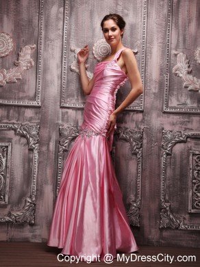 One Shoulder Ruching Beaded Rose Pink Prom Dresses for Women