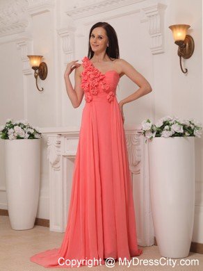 Pretty Watermelon Flowers One Shoulder Empire Chiffon Prom Dresses