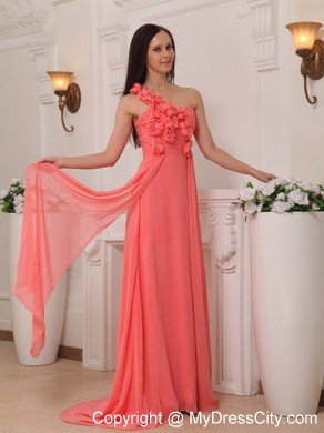 Pretty Watermelon Flowers One Shoulder Empire Chiffon Prom Dresses