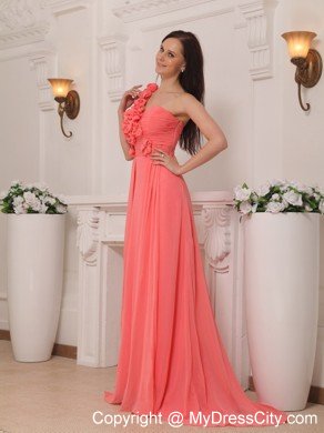 Pretty Watermelon Flowers One Shoulder Empire Chiffon Prom Dresses
