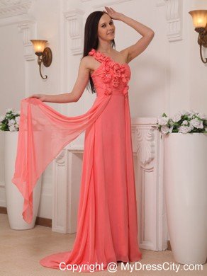 Pretty Watermelon Flowers One Shoulder Empire Chiffon Prom Dresses