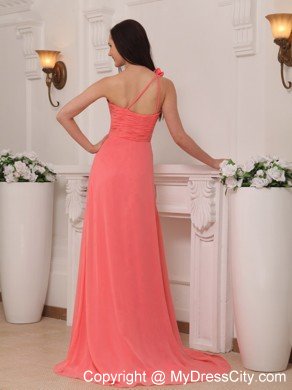 Pretty Watermelon Flowers One Shoulder Empire Chiffon Prom Dresses
