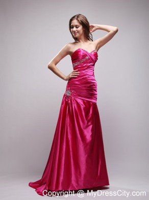 Brush Train Sweetheart Ruching Beaded Hot Pink Prom Dresses