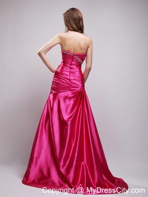 Brush Train Sweetheart Ruching Beaded Hot Pink Prom Dresses
