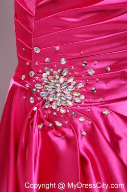Brush Train Sweetheart Ruching Beaded Hot Pink Prom Dresses