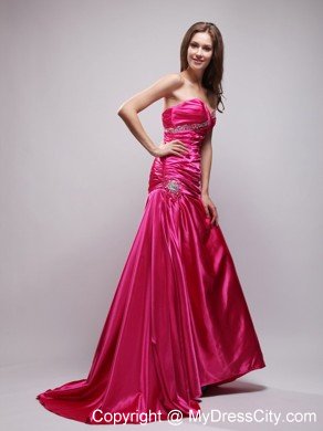 Brush Train Sweetheart Ruching Beaded Hot Pink Prom Dresses