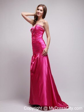 Brush Train Sweetheart Ruching Beaded Hot Pink Prom Dresses