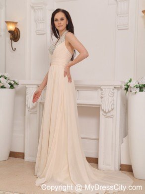 Halter Beaded Chiffon Empire Brush Train Champagne Prom Dress