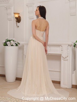 Halter Beaded Chiffon Empire Brush Train Champagne Prom Dress