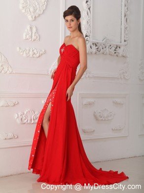Sweetheart Beaded Ruching Chiffon Red Prom Dresses 2013
