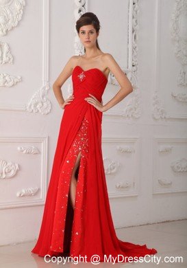 Sweetheart Beaded Ruching Chiffon Red Prom Dresses 2013