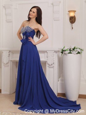 Beaded Brooch Sweetheart Court Train Navy Blue Prom Dresses