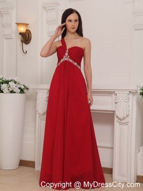 One Shoulder Empire Rhinestones Red Chiffon Prom Dresses