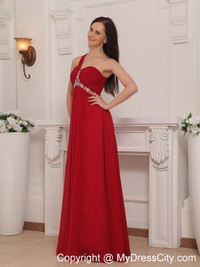 One Shoulder Empire Rhinestones Red Chiffon Prom Dresses