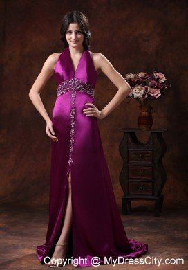 New Style High Slit Beaded Halter Backless Fuchsia Prom Dresses