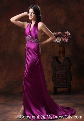 New Style High Slit Beaded Halter Backless Fuchsia Prom Dresses
