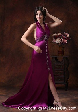 New Style High Slit Beaded Halter Backless Fuchsia Prom Dresses