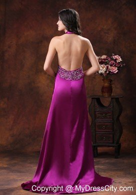 New Style High Slit Beaded Halter Backless Fuchsia Prom Dresses