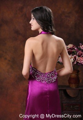 New Style High Slit Beaded Halter Backless Fuchsia Prom Dresses