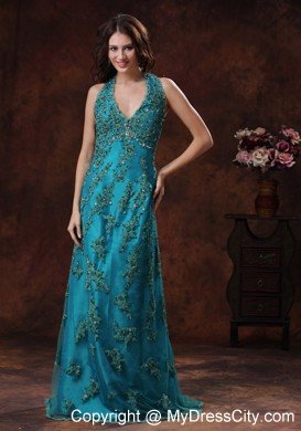 Unique Appliques Halter Neck 2013 Teal Prom Dresses for Ladies