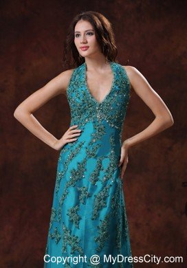 Unique Appliques Halter Neck 2013 Teal Prom Dresses for Ladies