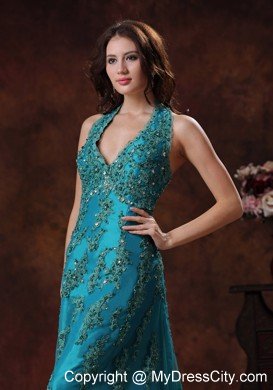 Unique Appliques Halter Neck 2013 Teal Prom Dresses for Ladies