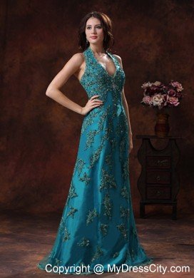 Unique Appliques Halter Neck 2013 Teal Prom Dresses for Ladies