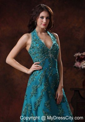 Unique Appliques Halter Neck 2013 Teal Prom Dresses for Ladies