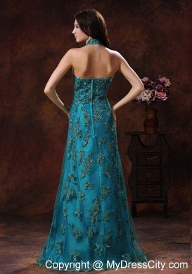 Unique Appliques Halter Neck 2013 Teal Prom Dresses for Ladies