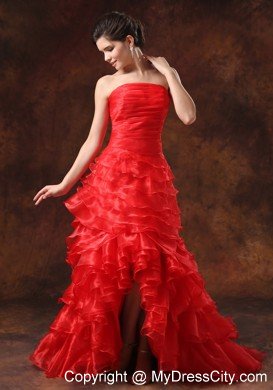 New Style Ruched Strapless Red Prom Dresses with Ruffled Layers