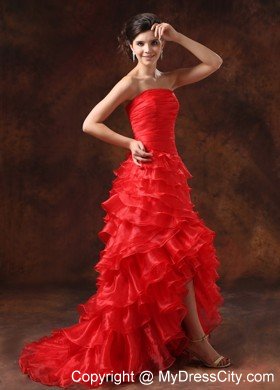New Style Ruched Strapless Red Prom Dresses with Ruffled Layers