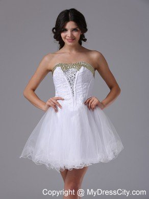 Pretty Strapless Beaded White Organza Short Prom Dresses for Cheap