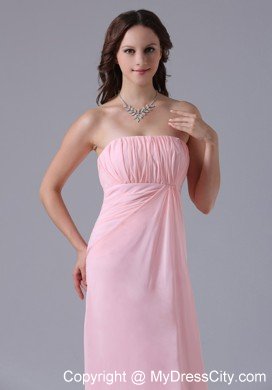 Simple Strapless Ruched Chiffon Baby Pink Prom Dresses for Girls